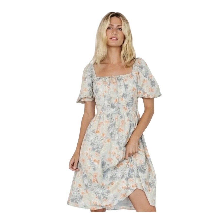 Baltic Born Sonnet Short Dress Dusty Blue Print Floral Butterfly Smocked M New